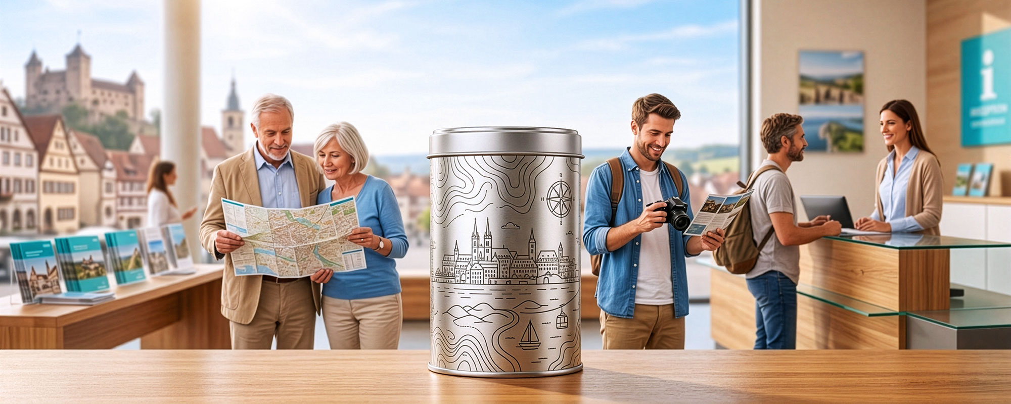 Helles Touristeninformationszentrum mit Theke; Besucher schauen Karten und werden beraten, im Zentrum eine metallische Metalldose, ruhige moderne Empfangsatmosphäre mit Tageslicht.