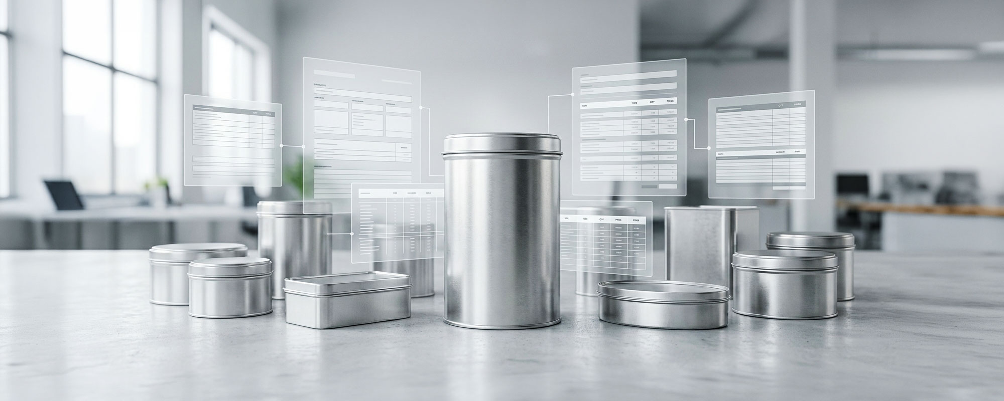 Metallverpackungen mit digitalen Preislisten und Produktdaten in moderner Büroumgebung.