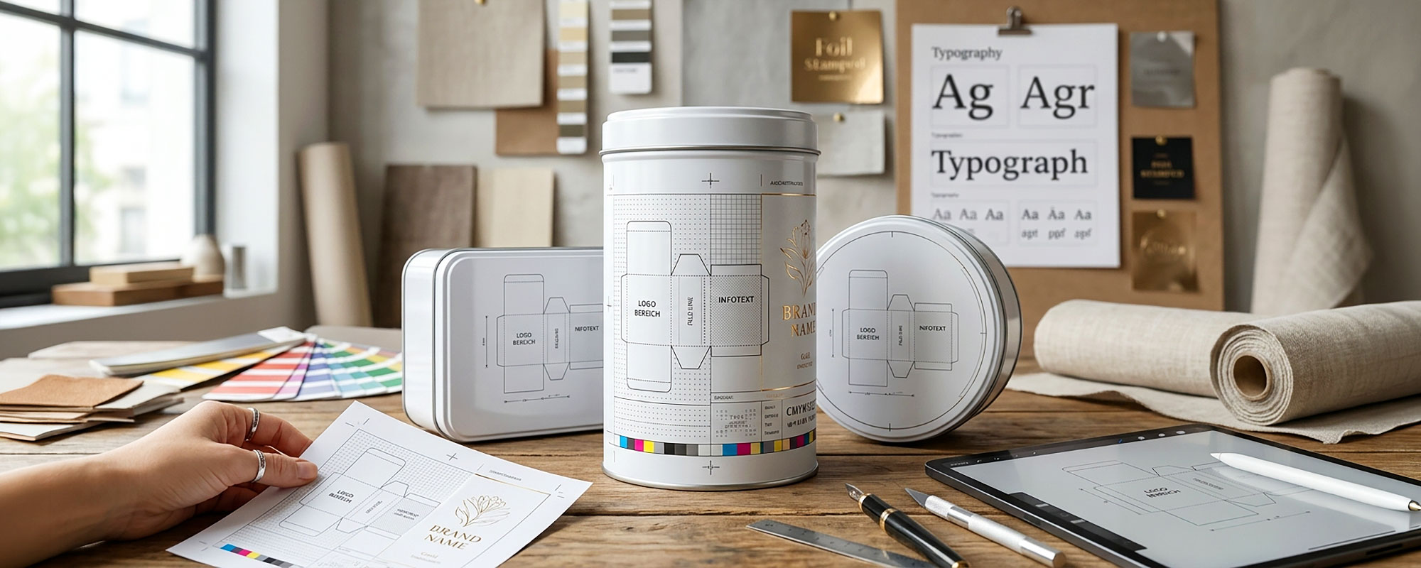 Weiße Dosen als Verpackungsprototypen mit aufgedruckten technischen Designzeichnungen auf einem kreativen Arbeitsplatz; daneben Layouts, Farbfächer und Werkzeuge für Verpackungsdesign.