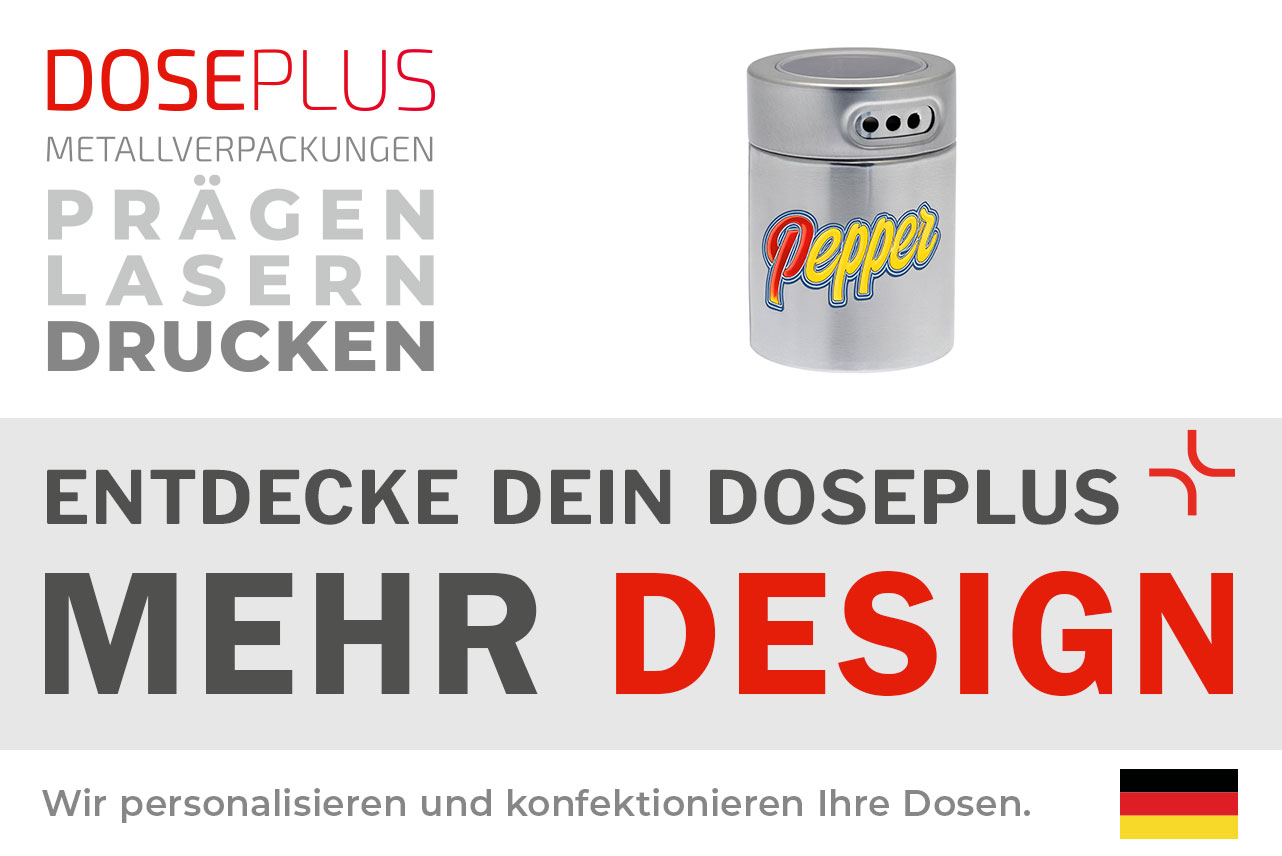 Doseplus Gewürzstreuer aus Metall – Bannertext: Entdecke dein Doseplus, mehr Design. Moderner Streuer mit Gravur oder Druck für stilvolle Gewürzverpackungen.