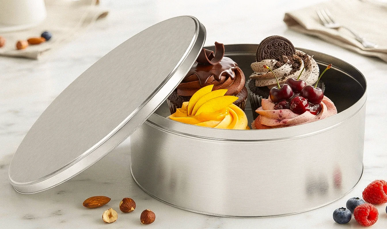 Runde silberne Metalldose mit geöffnetem Deckel und verschiedenen Süßigkeiten und Snacks