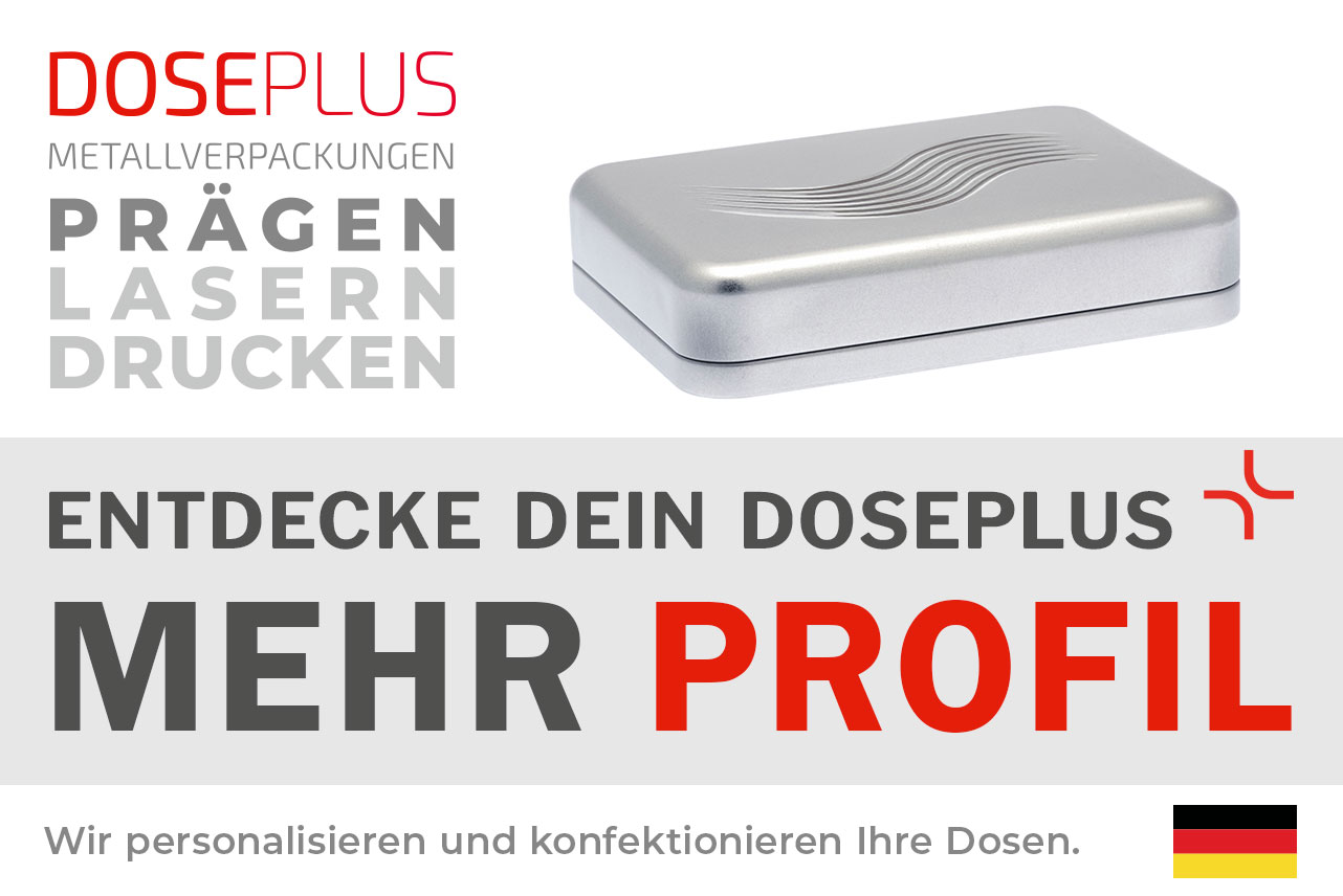 Doseplus silberne rechteckige Metalldose mit geprägtem Wellenmuster auf dem Deckel. Text: „Metallverpackungen prägen, lasern, drucken – Entdecke dein Doseplus, mehr Profil“.