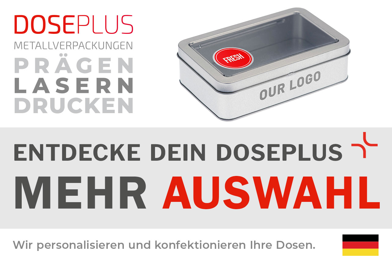 Doseplus silberne rechteckige Metalldose mit Sichtfenster, rotem Aufkleber mit der Aufschrift „FRESH“ und Seitendruck „OUR LOGO“. Text: „Metallverpackungen prägen, lasern, drucken – Entdecke dein Doseplus, mehr Auswahl“.