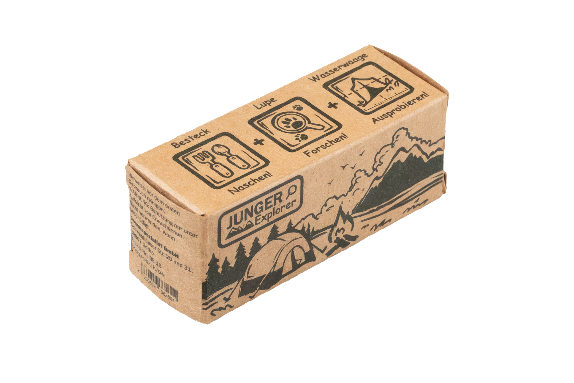 Verpackung des Kinder-Outdoor-Bestecks mit Lupe, Wasserwaage und Besteckfunktionen