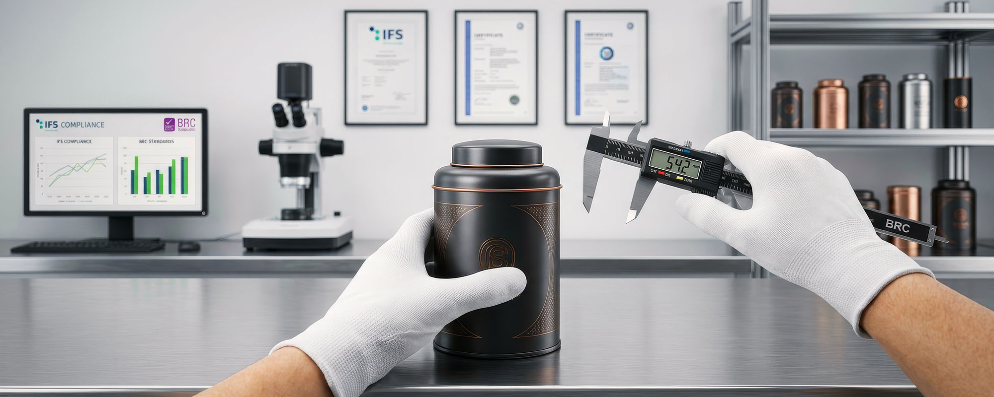 Mitarbeiter mit Schutzhandschuhen misst eine dekorierte Metallverpackung mit digitalem Messschieber im Qualitätskontrolllabor; Mikroskop, Zertifikate und Prüfstation im Hintergrund.