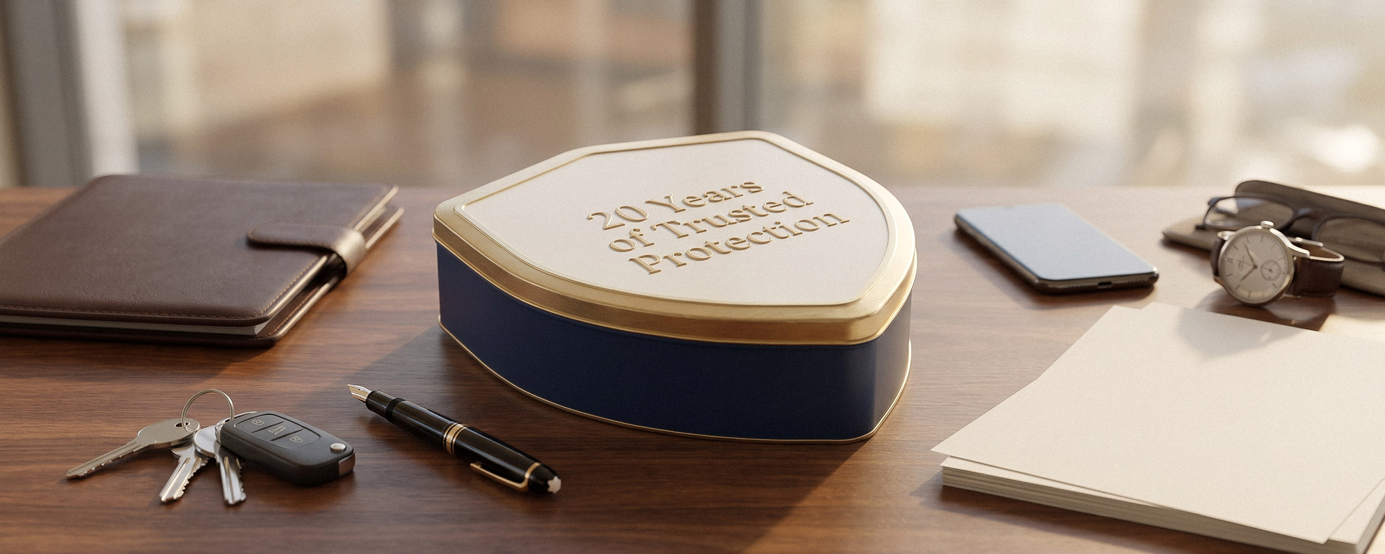 Hochwertige Geschenkbox in Schildform mit Goldschrift „20 Years Of Trusted Protection“ auf einem Schreibtisch, umgeben von Schlüssel, Stift, Uhr und Notizbuch als stilvolles Corporate-Gift-Arrangement.