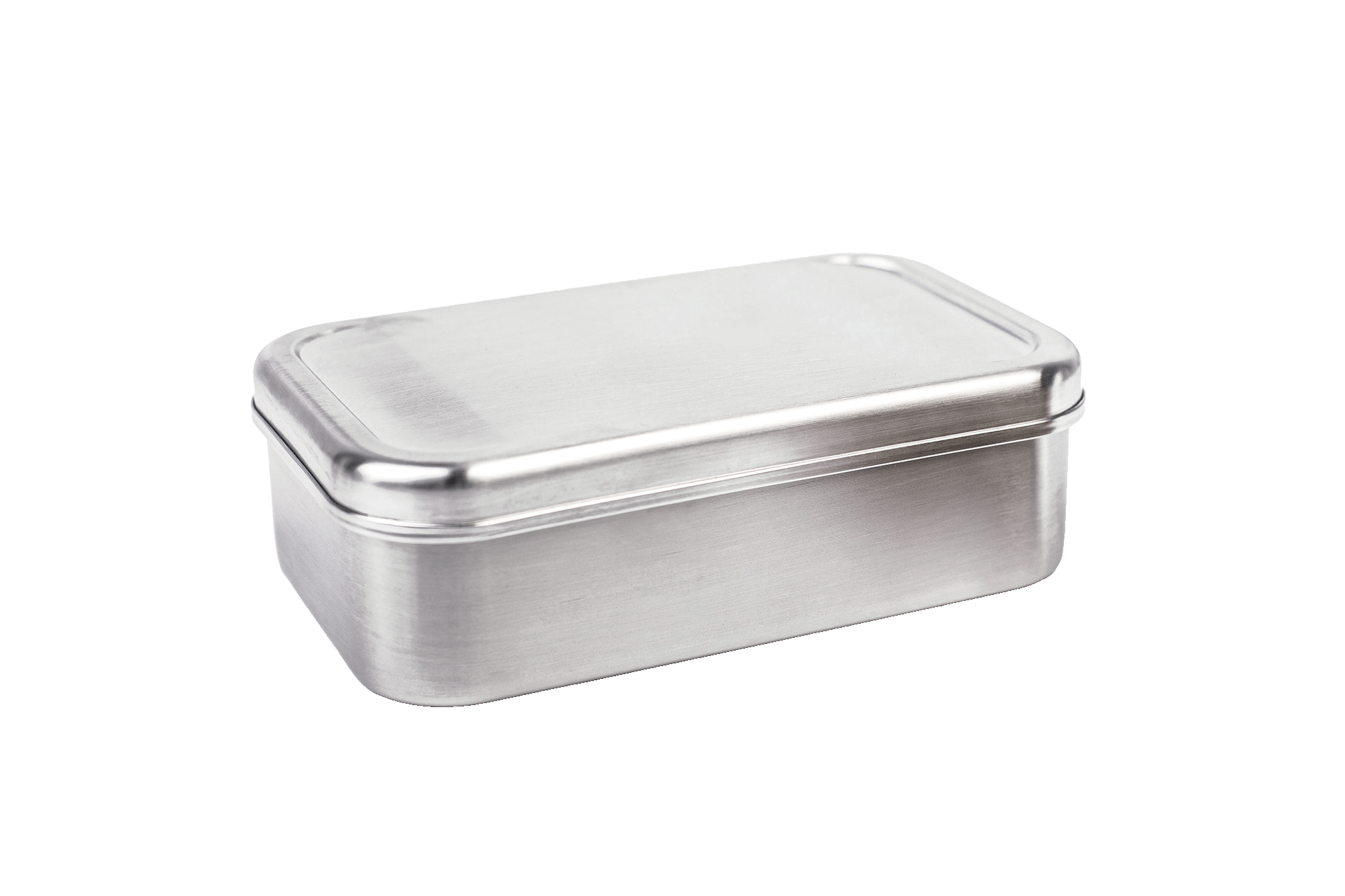 Geschlossene eckige Lunchbox aus Edelstahl mit passendem Deckel, neutraler Hintergrund.
