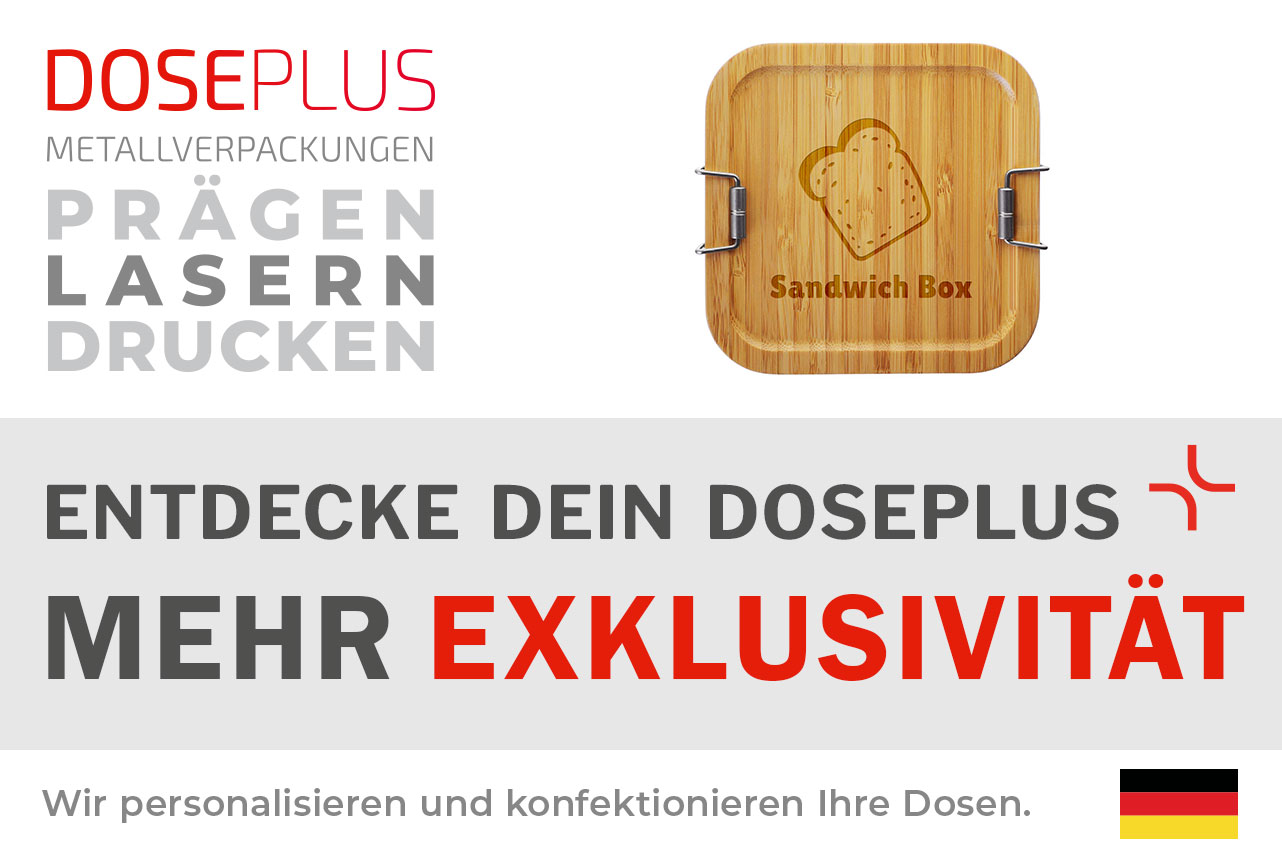 Rechteckige Bambus-Lunchbox CP BA Q1 von Doseplus mit individualisierbarer Gravur- und Druckfläche. Bannertext: „Entdecke dein Doseplus – mehr Exklusivität“. Ideal für personalisierte Werbeartikel und Firmenpräsente.