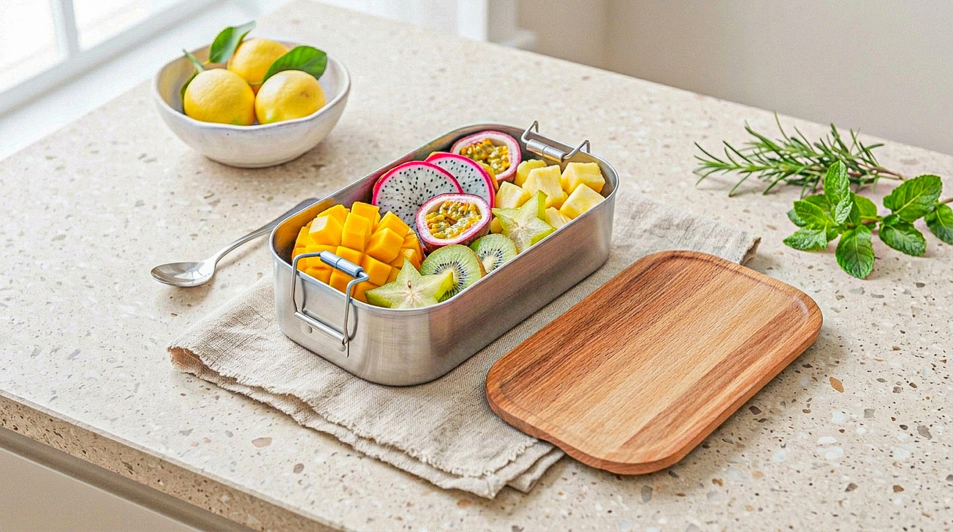 Edelstahl Lunchbox mit Buchenholzdeckel – Stil &