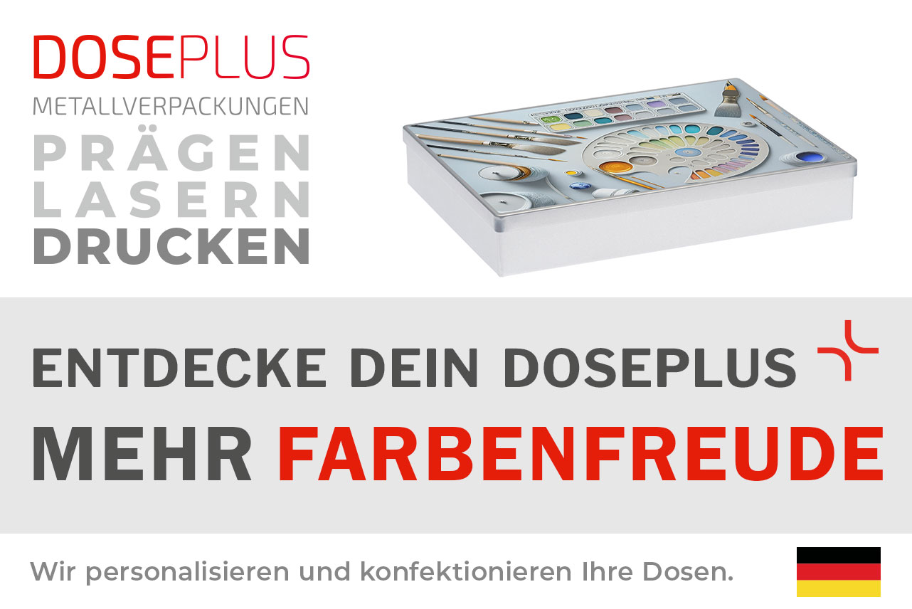 Doseplus silberne rechteckige Metalldose mit farbenfrohem Druckmotiv aus Pinseln, Farbpalette und Aquarellfarben. Text: „Metallverpackungen prägen, lasern, drucken – Entdecke dein Doseplus, mehr Farbenfreude“.