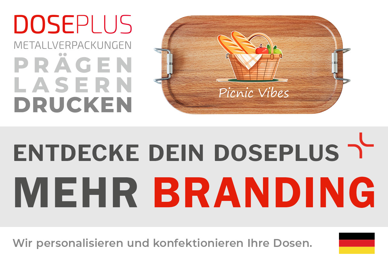Rechteckige Edelstahl-Lunchbox CP BU C6 mit Bambusdeckel – Banner: Entdecke dein Doseplus – Mehr Branding. Perfekt geeignet für individuelle Gravuren, Logos und Veredelung.