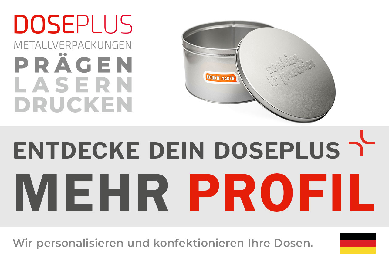 Doseplus runde silberne Metalldose mit geprägtem Schriftzug „cookies & pastries“ und Aufkleber „COOKIE MAKER“. Text: „Metallverpackungen prägen, lasern, drucken – Entdecke dein Doseplus, mehr Profil“.