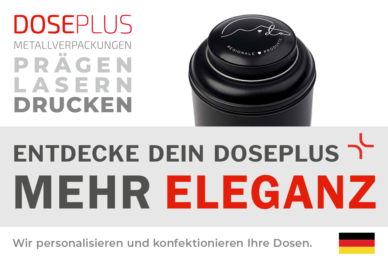 Doseplus schwarze Metalldose mit elegantem Deckelmotiv in Weiß, feinem Linien-Design und Schriftzug „Regionale Produkte“. Text: „Metallverpackungen prägen, lasern, drucken – Entdecke dein Doseplus, mehr Eleganz“.