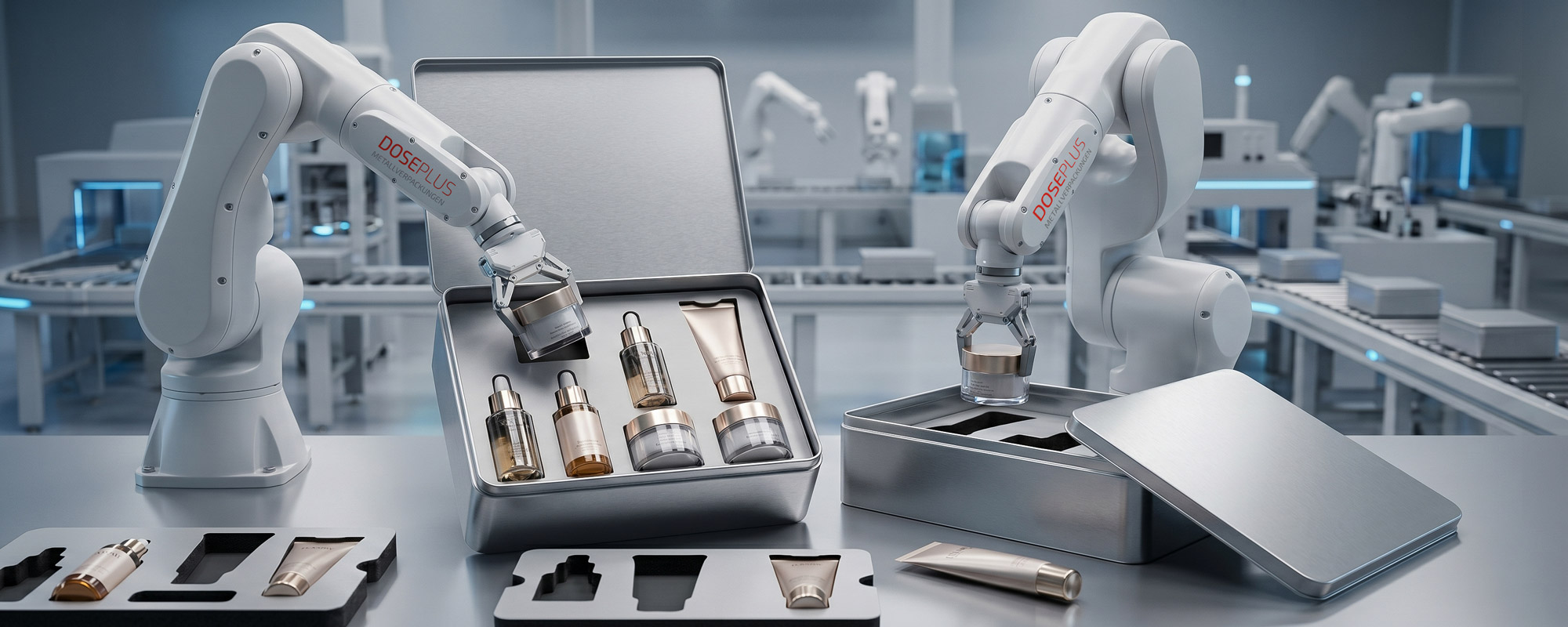 Automatisierte Konfektionierung von Kosmetikprodukten in Metalldosen mit Robotikarmen; moderne Produktaufnahme mit Verpackungsprozess, Kosmetikflakons und Hightech-Fertigungsumgebung.