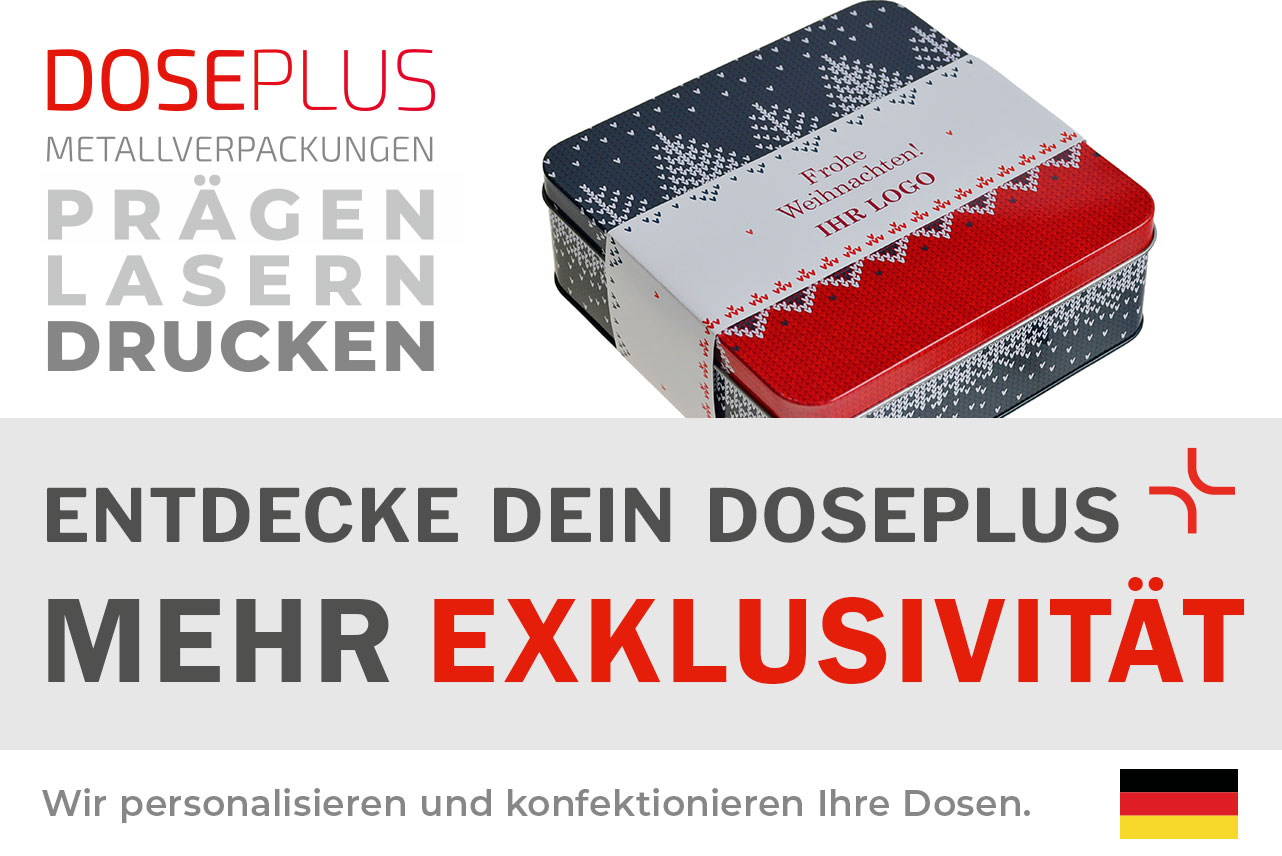 Metalldose WD-010 von Doseplus mit weihnachtlichem Druckmotiv und dem Claim „Entdecke dein Doseplus, mehr Exklusivität“. Hochwertige Weißblechdose für individuelle, veredelte Weihnachtsgeschenke.