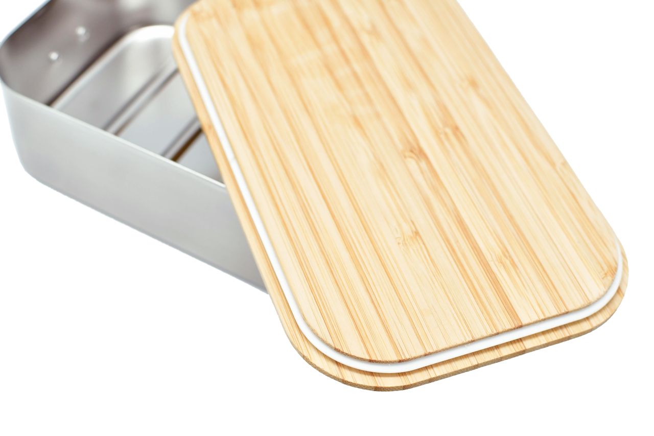 Geöffnete SA10 Lunchbox Edelstahl mit Bambusdeckel & Dichtung – nachhaltige Lunchbox für Firmen & Mitarbeitergeschenke