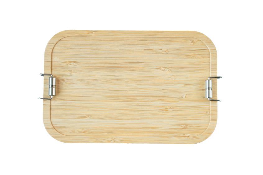 Edelstahl-Lunchbox mit Buchenholzdeckel in der Draufsicht vor weißem Hintergrund.