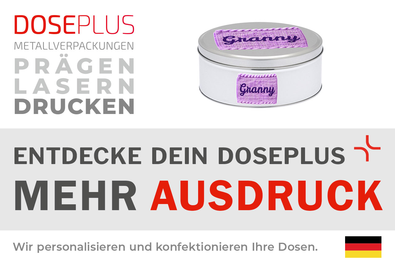 Doseplus runde Weißblechdose DSR-055 – Bannertext: Entdecke dein Doseplus, mehr Ausdruck. Runde Metallverpackung ideal für personalisierte Werbeideen mit hochwertigem Druck.