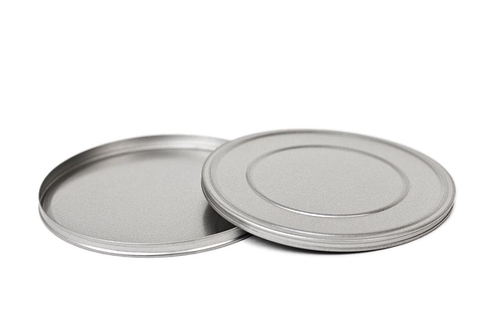 Geöffnete runde Metalldose aus silberfarbenem Blech mit abgenommenem Stülpdeckel, auf weißem Hintergrund dargestellt.
