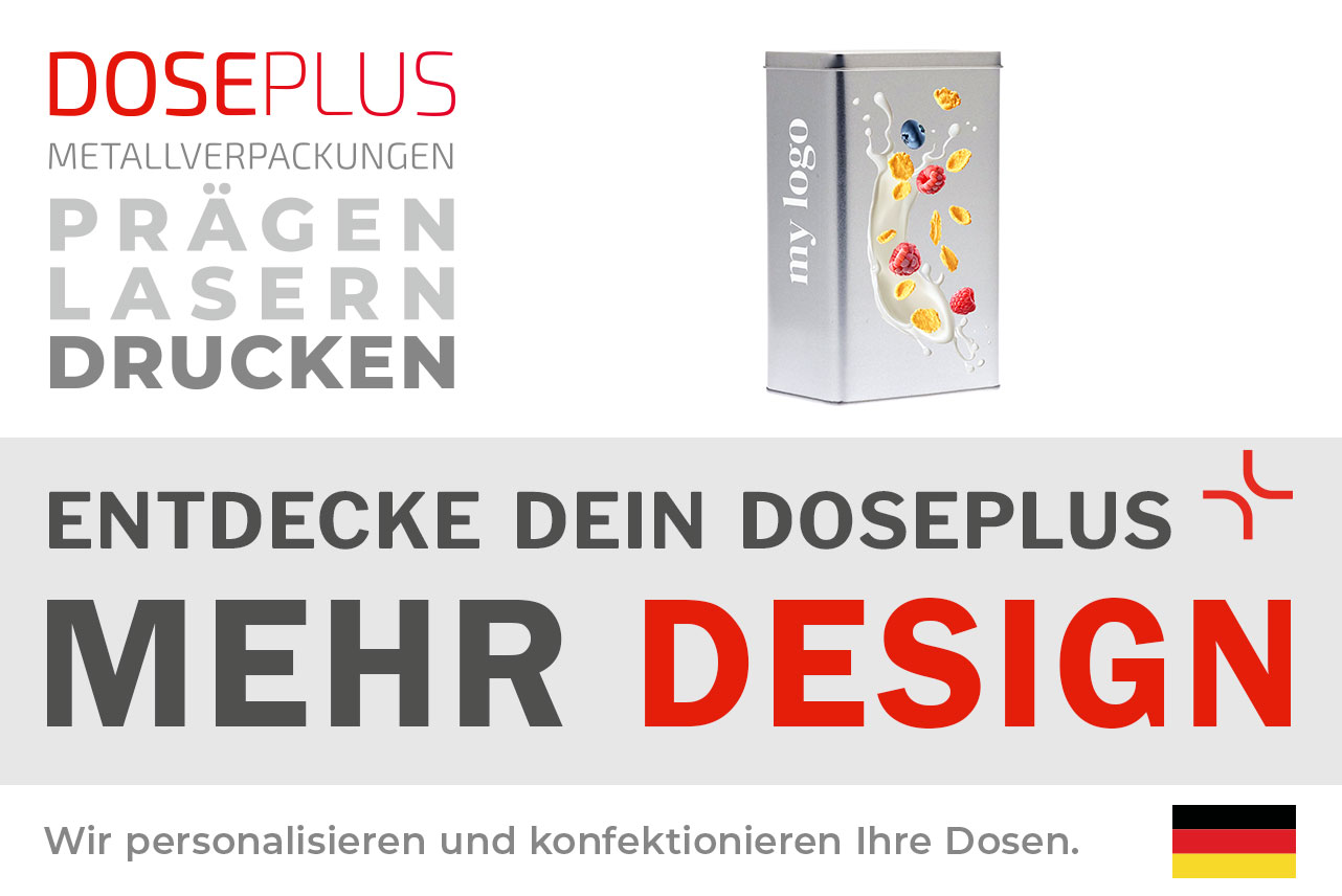 Rechteckige Scharnierdeckeldose aus Metall DSE 12.8.20 – Banner: Entdecke dein Doseplus – Mehr Design. Edle Vorratsdose für personalisierte Gestaltung und modernes Design.