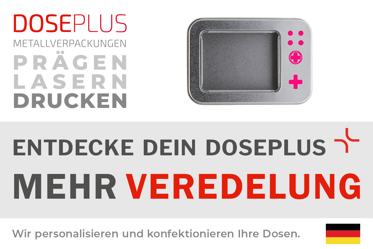Doseplus SD-Karten-Dose mit Sichtfenster – Bannertext: Entdecke dein Doseplus, mehr Veredelung. Hochwertige Metalldose mit Lasergravur, Prägung und Druck für exklusive Präsentationen.