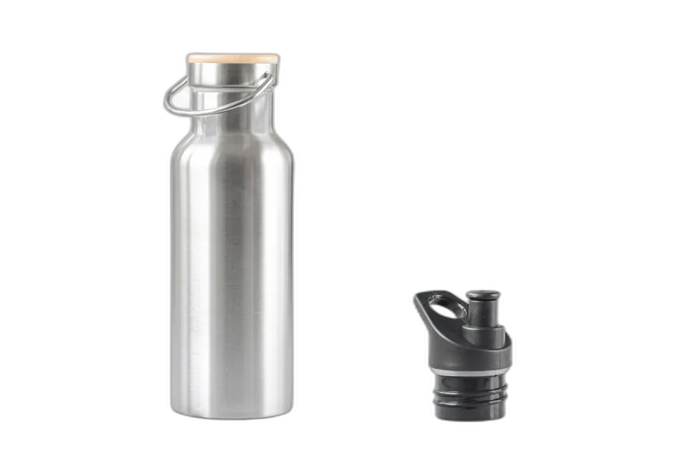 500ml Edelstahl Trinkflasche mit Bambusdeckel und Pop Up Deckel