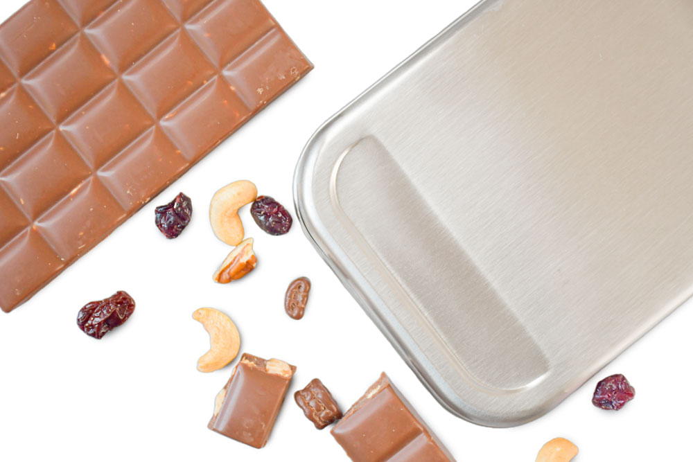 Edelstahldeckel mit Schokolade, Nüssen und Trockenfrüchten – nachhaltiger Ersatzdeckel für Lunchbox