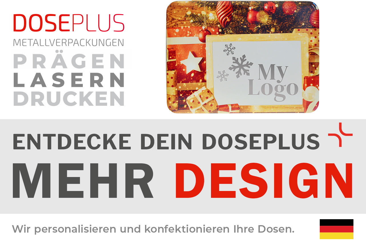 Weihnachtsdose WD 091 von Doseplus mit winterlichem Motiv und individuell bedruckbarem Deckel. Bannertext: „Entdecke dein Doseplus – mehr Branding“. Ideal für exklusive B2B-Brandinglösungen.