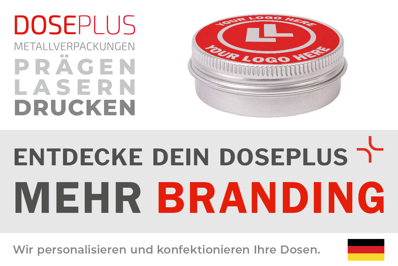 Doseplus Aluminiumdose mit Schraubdeckel – Bannertext: Entdecke dein Doseplus, mehr Branding. Individuelle Metallverpackungen, geprägt, gelasert, gedruckt.