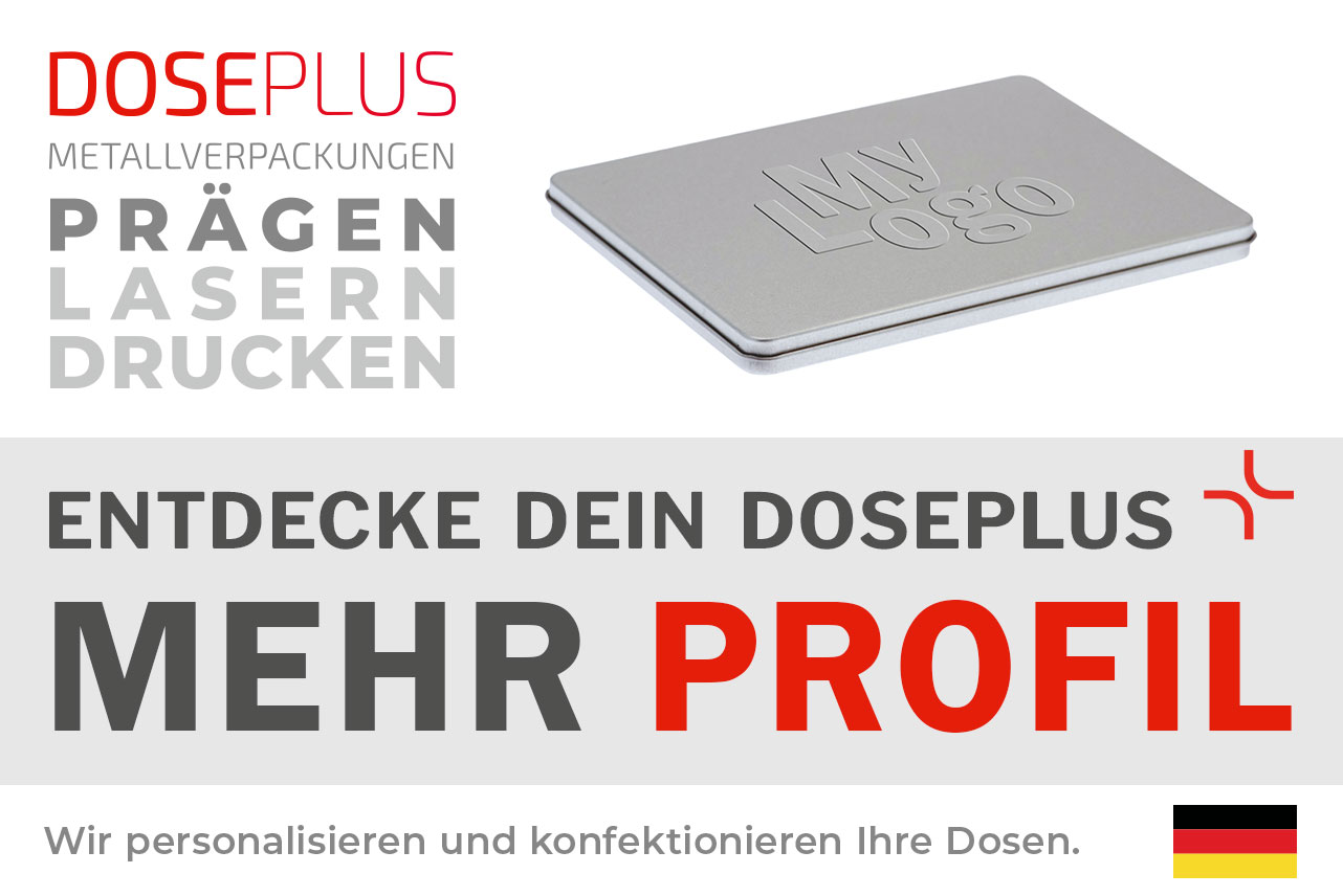 Doseplus A6 Metalldose – Bannertext: Entdecke dein Doseplus, mehr Profil. Rechteckige silberne A6-Dose aus Metall mit Prägung, ideal für individuelle Produktverpackungen und Werbegeschenke.