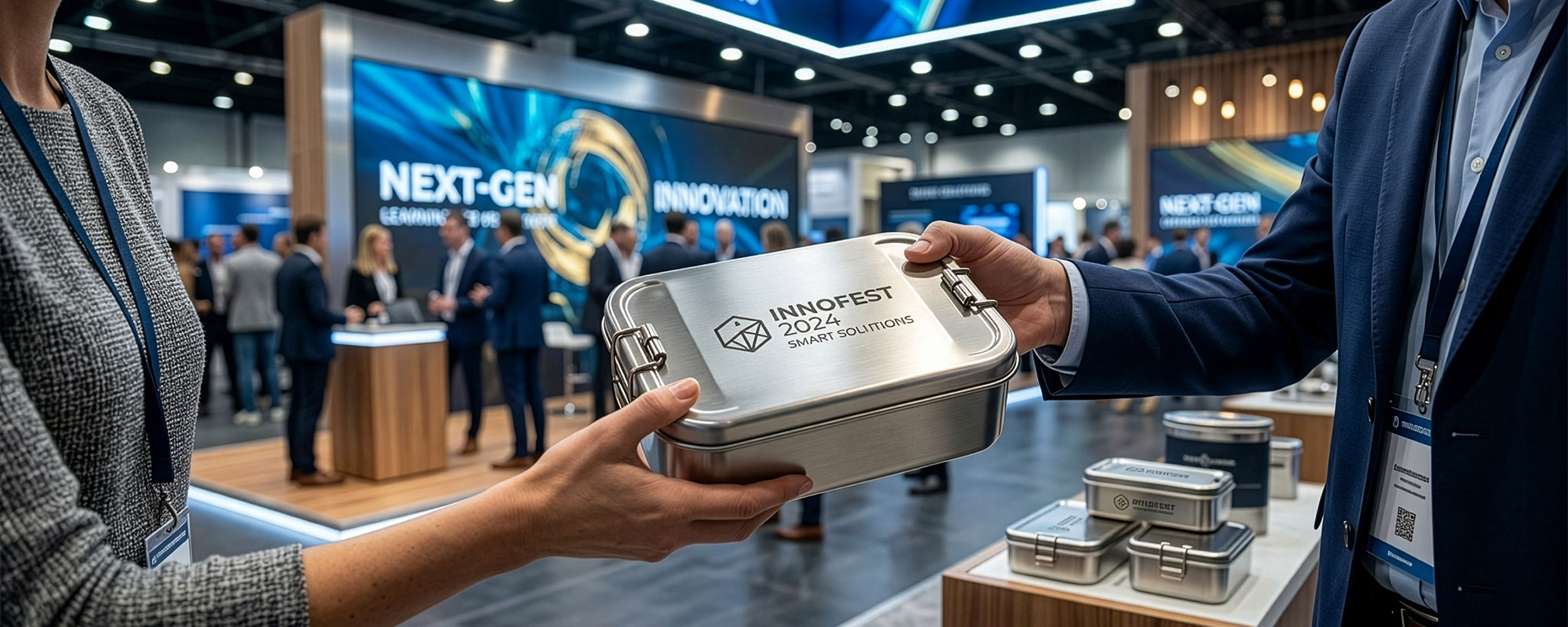Metall­dose als Werbeartikel für Firmen mit geprägtem Logo wird auf einer Fachmesse übergeben; hochwertige Produktpräsentation im Business-Umfeld.