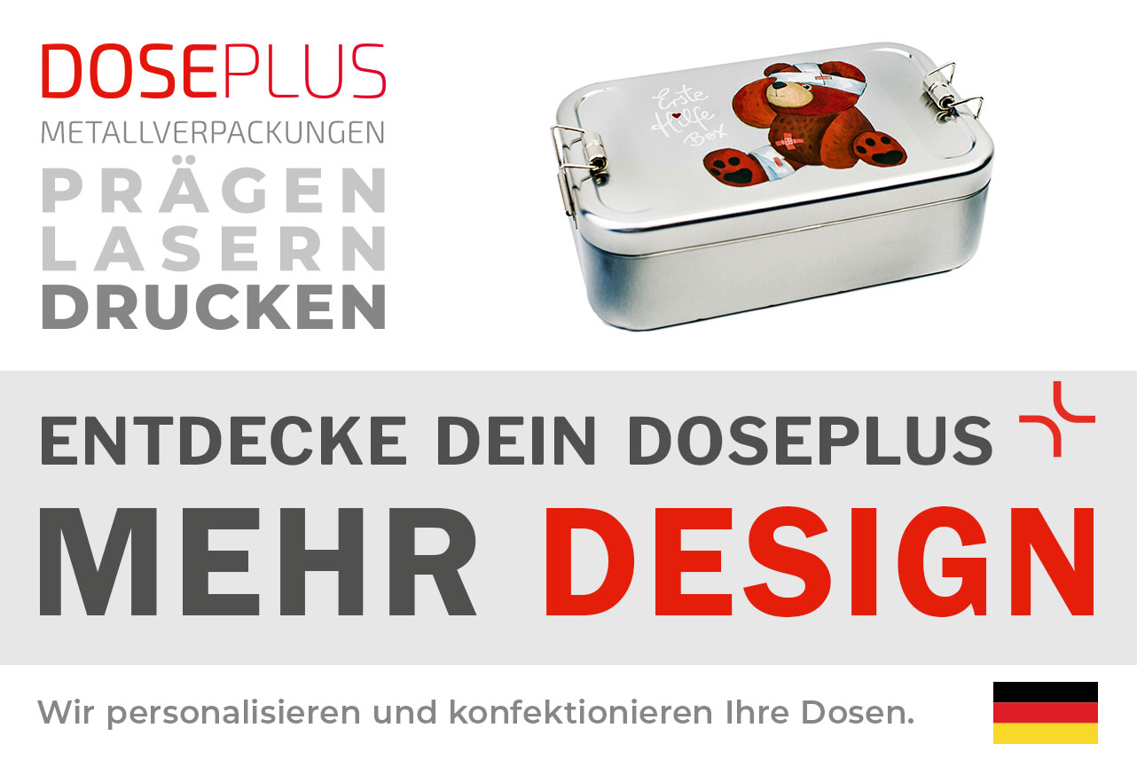 Doseplus Lunchbox Classic Maxi aus Metall – Bannertext: Entdecke dein Doseplus, mehr Design. Personalisierte Metallverpackungen mit Prägung, Gravur und Druck.
