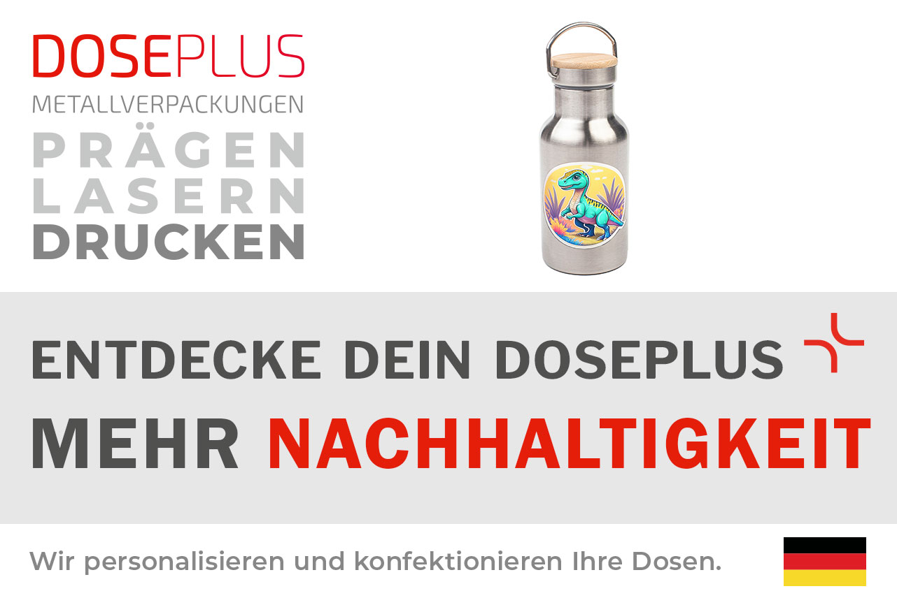 Edelstahl-Trinkflasche von Doseplus mit Branding – Bannertext: „Entdecke dein Doseplus – mehr Nachhaltigkeit“. Hinweis auf personalisierte Veredelung wie Druck, Gravur und Prägung.