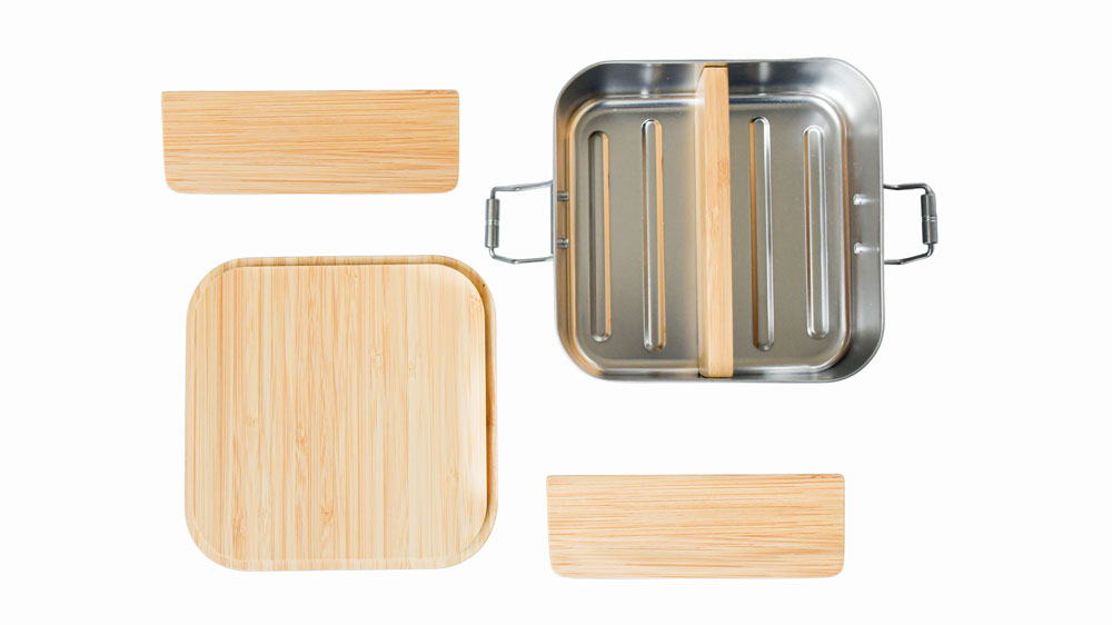 Set aus Lunchbox Edelstahl & Bambus-Trennsteg – nachhaltige Unterteilung für Bento-Box & Firmen-Lunchboxen