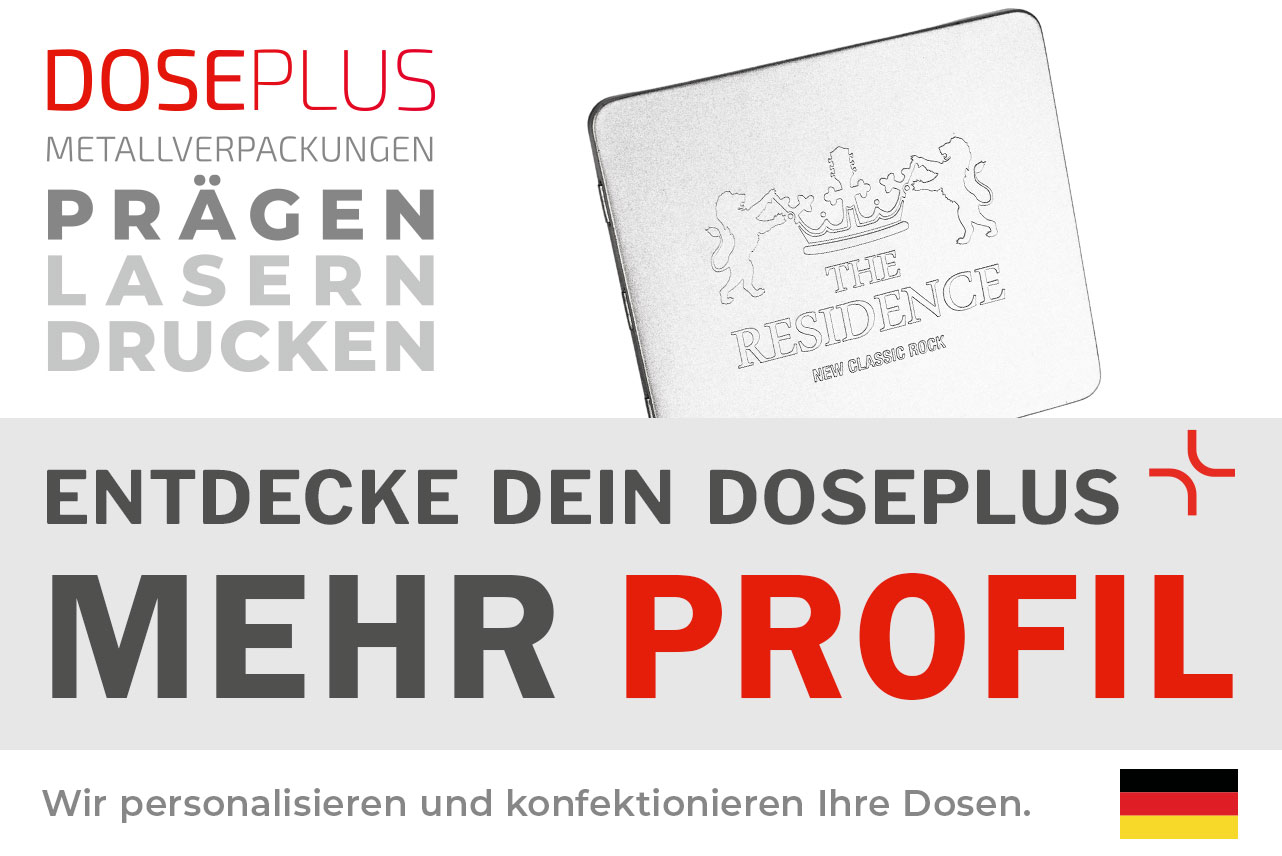 Doseplus rechteckige silberne Metalldose mit geprägtem Motiv aus Krone und zwei Löwen sowie Schriftzug „The Residence – New Classic Rock“. Text: „Metallverpackungen prägen, lasern, drucken – Entdecke dein Doseplus, mehr Profil“.