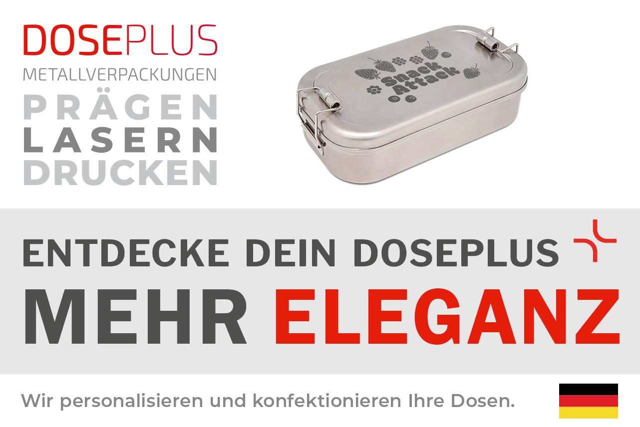 Edelstahl-Lunchbox CP ES C3, rechteckige Vorratsdose – Banner: Entdecke dein Doseplus – Mehr Eleganz. Perfekt für individuelle Gravuren und Veredelungen.