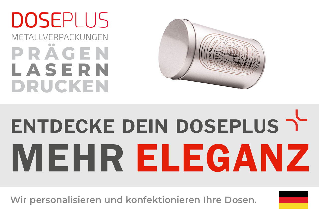 Doseplus runde Metalldose – Bannertext: Entdecke dein Doseplus, mehr Eleganz. Hochwertige Metalldose mit Gravur, Prägung und Druck für individuelle Gestaltung.