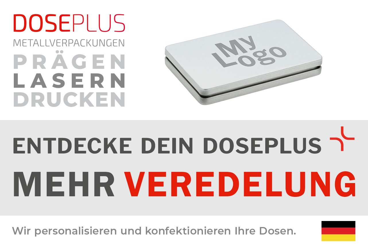 Doseplus DSE 001 Visitenkartendose aus Metall – Bannertext: Entdecke dein Doseplus, mehr Veredelung. Rechteckige silberne Metalldose mit Lasergravur für hochwertige Markenpräsentation.