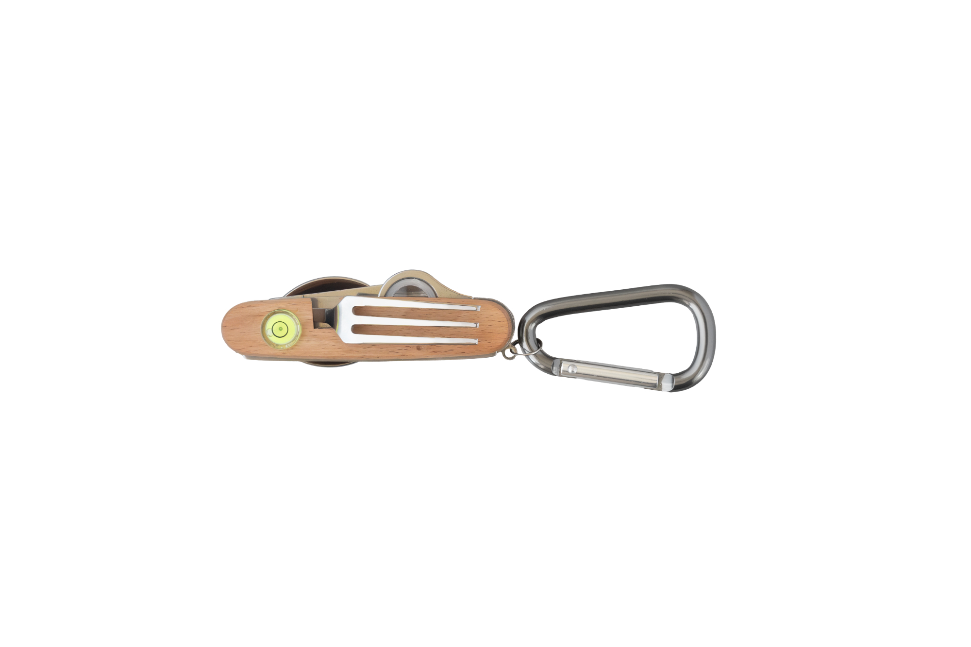 Zusammengeklapptes Kinder-Outdoor-Besteck mit Holzgriff, Wasserwaage und Karabiner