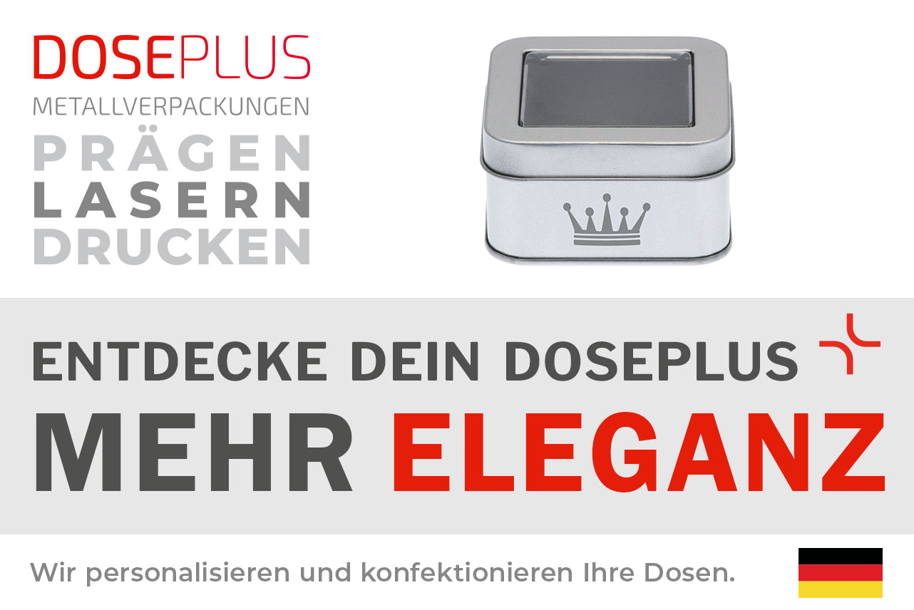 Doseplus quadratische Metalldose – Bannertext: Entdecke dein Doseplus, mehr Eleganz. Edle Blechdose mit Gravur, Prägung und Druck für stilvolle Verpackungslösungen.