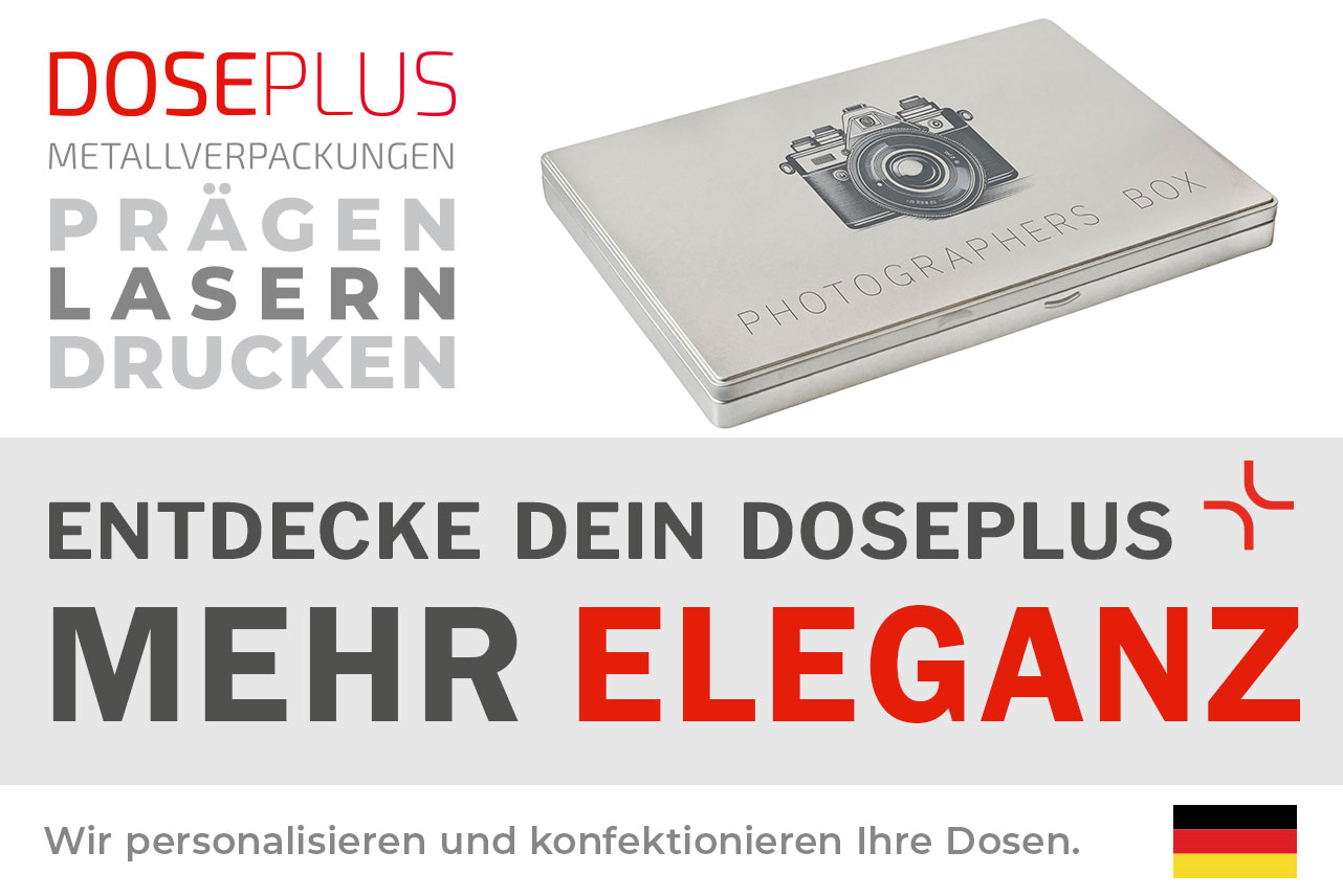 Doseplus rechteckige silberne Metalldose mit Lasergravur einer Kamera und Schriftzug „Photographers Box“. Text: „Metallverpackungen prägen, lasern, drucken – Entdecke dein Doseplus, mehr Eleganz“.