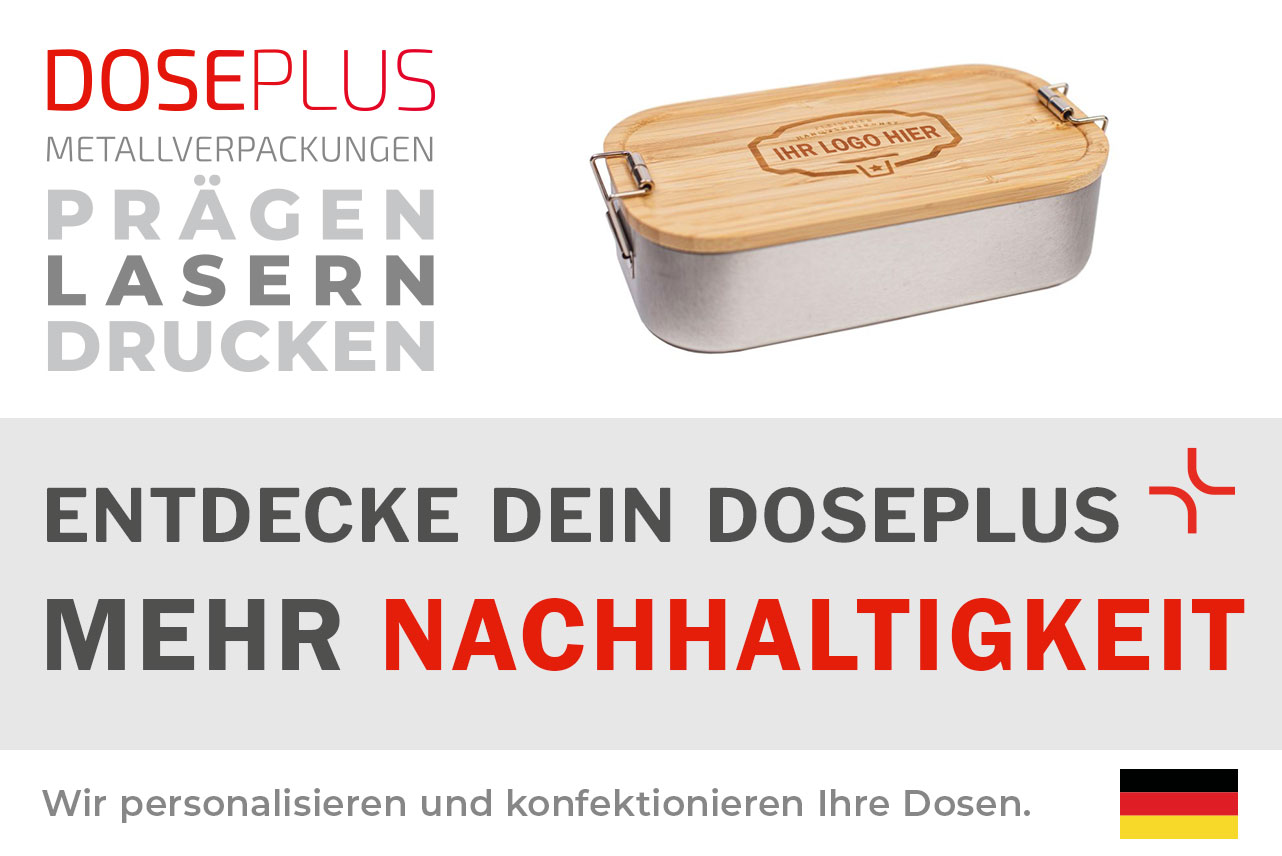 Doseplus Lunchbox aus Edelstahl mit Bambusdeckel – Bannertext: Entdecke dein Doseplus, mehr Nachhaltigkeit. Umweltfreundliche Metallverpackungen mit Gravur, Prägung und Druck.