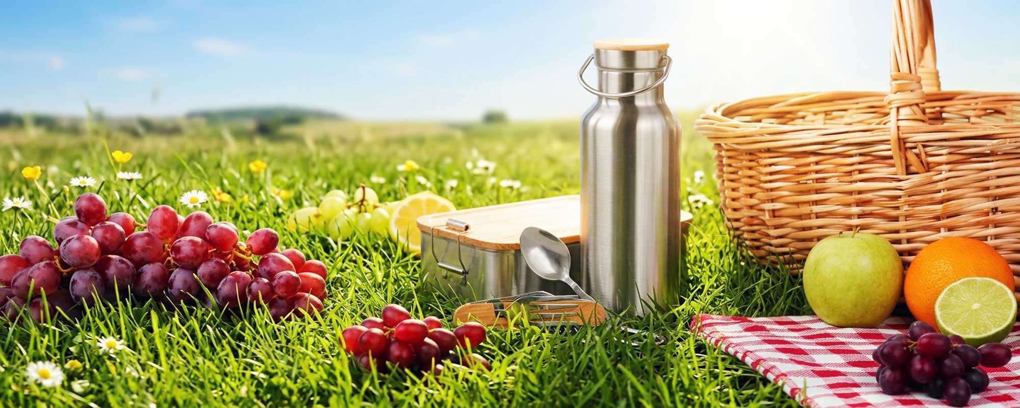 Edelstahl-Lunchbox mit Holzdeckel und Trinkflasche auf Picknickdecke, umgeben von frischem Obst und Besteck auf einer grünen Wiese.