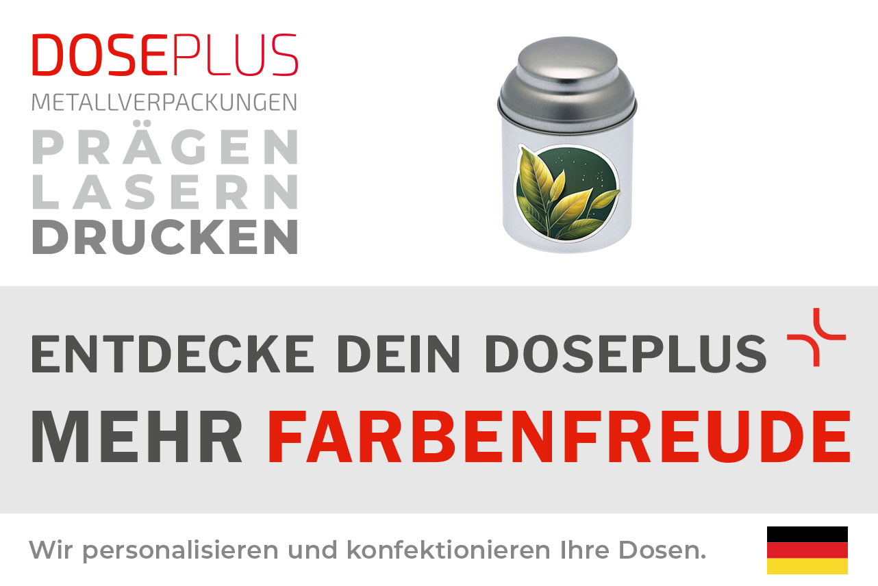 Runde Teedose Doseplus DSR 65.95 – Banner: Entdecke dein Doseplus, mehr Farbenfreude. Praktische Metalldose zur Aufbewahrung von Tee oder Gewürzen.