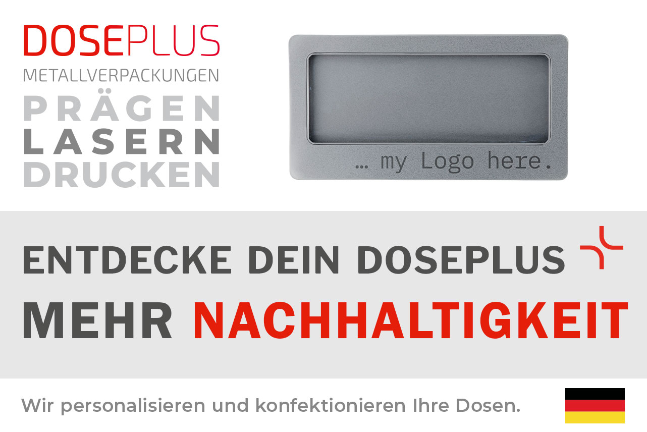 Doseplus DIN Lang Metalldose mit Sichtfenster – Bannertext: Entdecke dein Doseplus, mehr Nachhaltigkeit. Edle Aufbewahrungsdose aus Metall mit Gravur für umweltfreundliche Produktverpackungen.