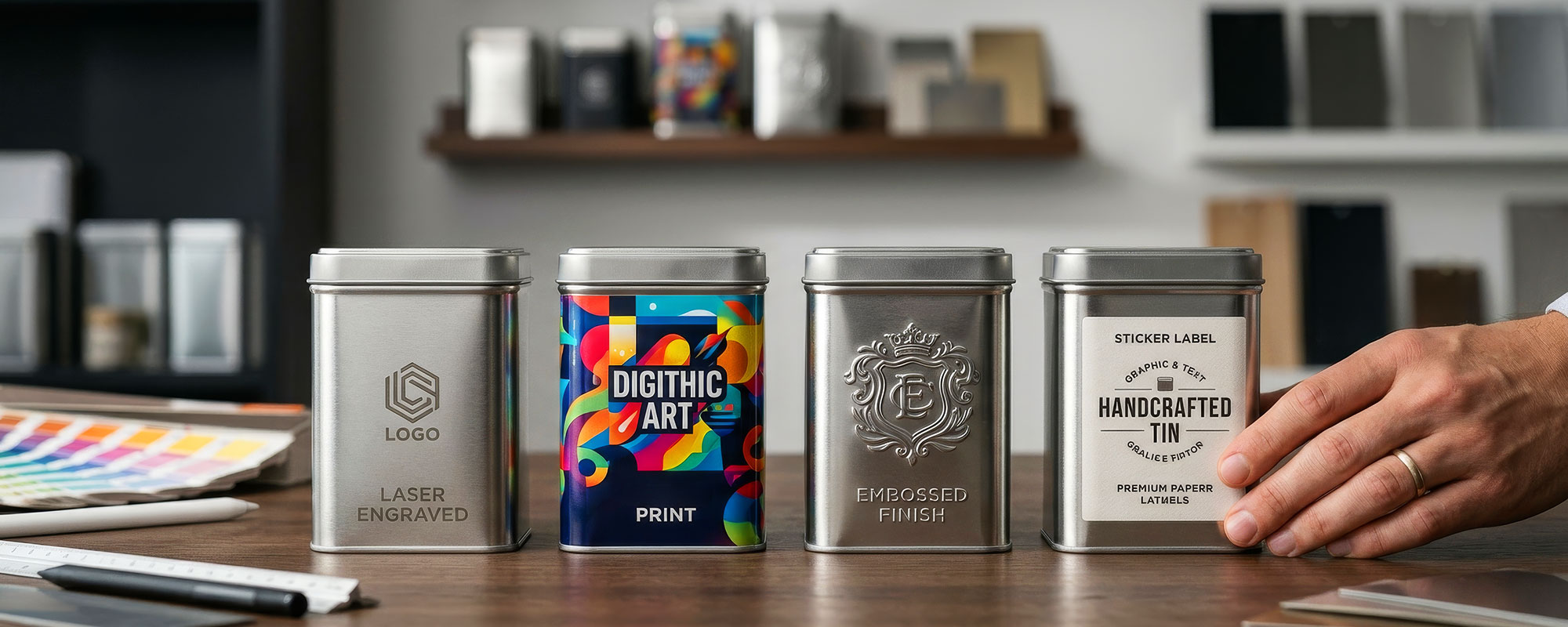 Vier Metall-Dosen auf Holztisch, jeweils mit unterschiedlicher Veredelung: Lasergravur, farbiger Digitaldruck, Prägung und Sticker; Hand prüft eine der Dosen in einem Designstudio.
