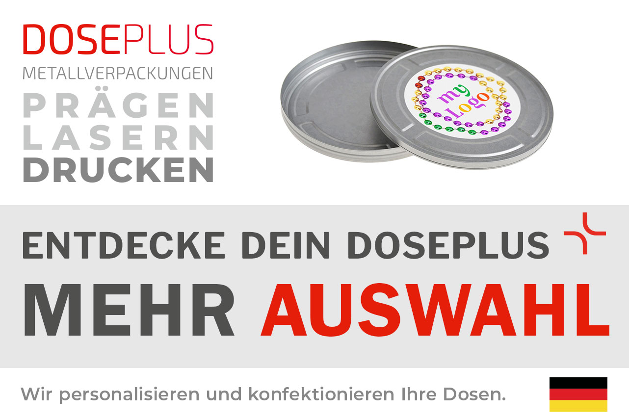 Runde Metall-Erinnerungsdose FD 020 von Doseplus, veredelbar mit Druck, Gravur und Prägung. Bannertext: „Entdecke dein Doseplus – mehr Auswahl“. Ideal für personalisierte Verpackungslösungen.