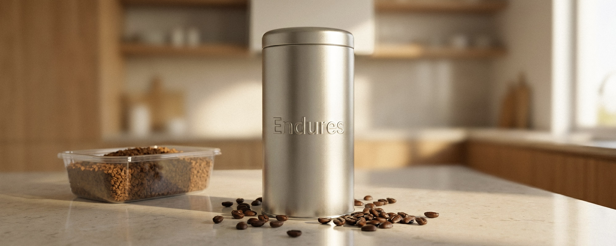 Robuste Metalldose im Vergleich zu einem Kunststoffbehälter; langlebige und hochwertige Lösung zur sicheren Aufbewahrung von Kaffeebohnen.
