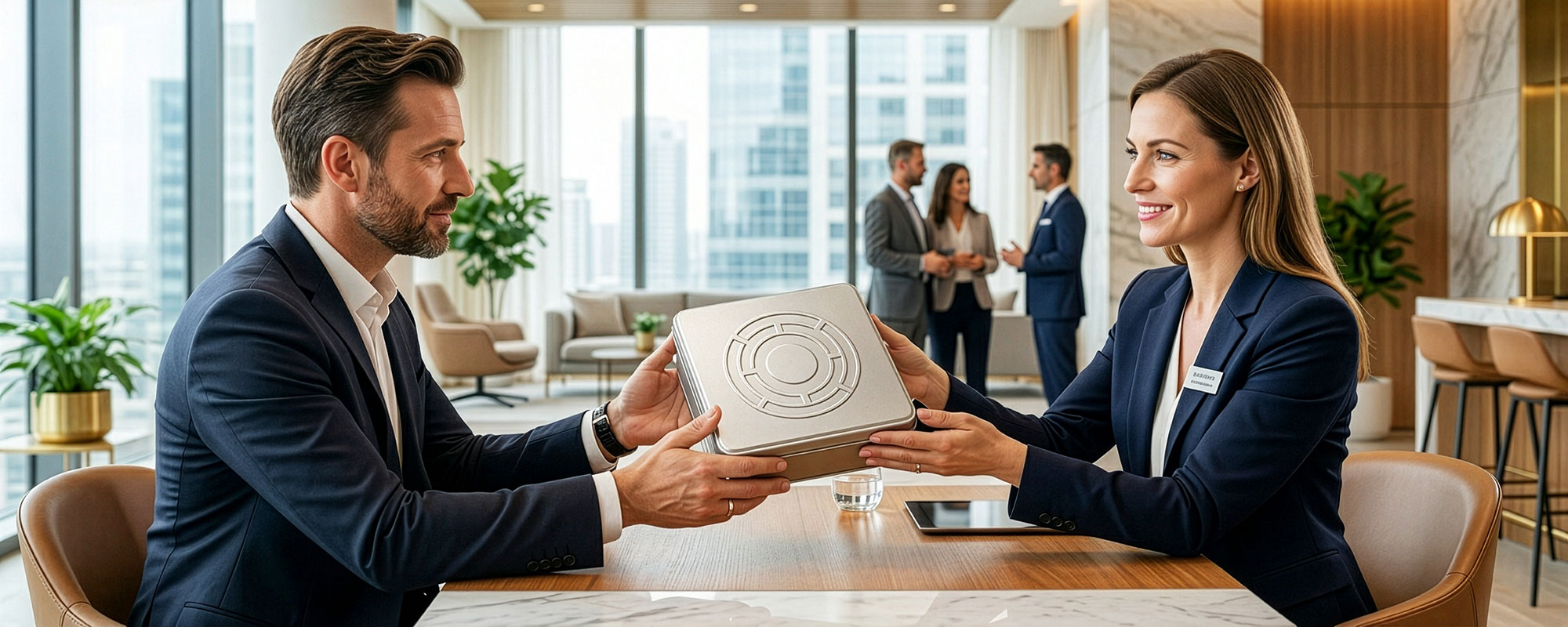 Zwei Bankmitarbeiter in einem modernen Büro: Ein Mann überreicht einer Kollegin eine Metalldose, während sie sie aufmerksam entgegennimmt; im Hintergrund eine helle, professionelle Büroumgebung mit weiteren Mitarbeitern.