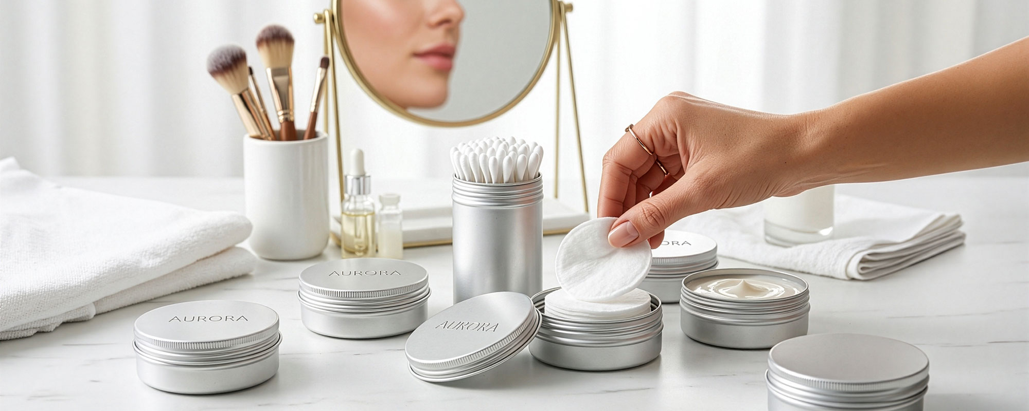 Studioaufnahme von luxuriösen Hautpflegeprodukten auf weißem Marmor: silberne Kosmetikdosen mit Baumwollpads und Creme, eine Hand entnimmt ein Wattepad; daneben Make-up-Pinsel, Tropfflaschen, Handtücher und Spiegel mit unscharfer Gesichtsreflexion.